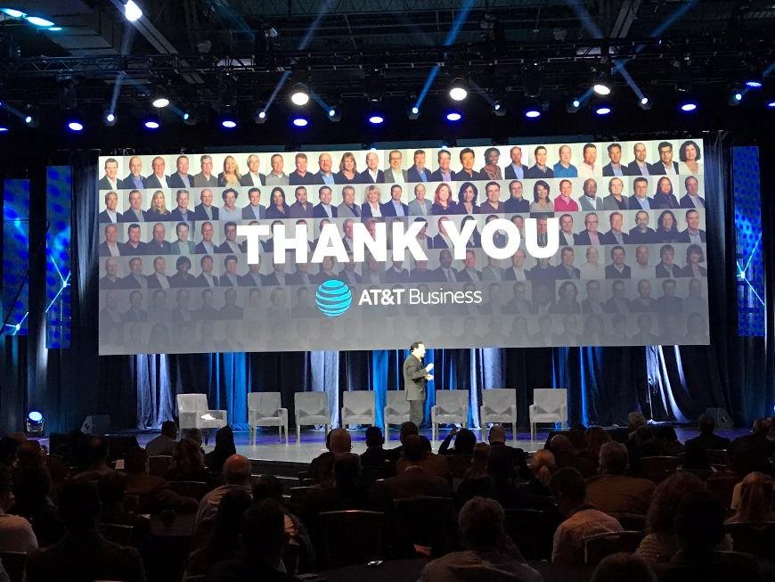 AT&T Business leadership event on stage with a Thank You screen